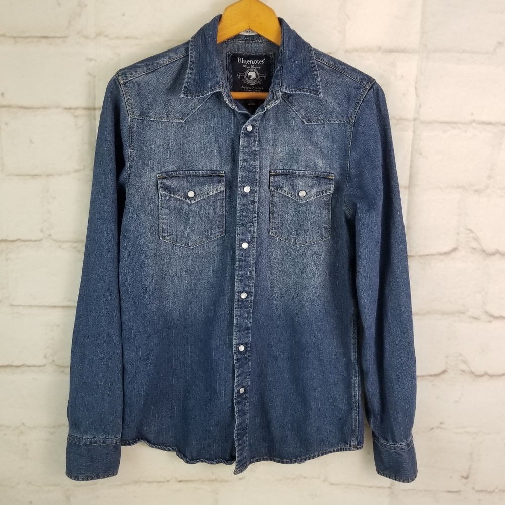 Bluenotes XS Slim Fit Dark Wash Denim Blue Jean Shirt with White Pearl Snaps